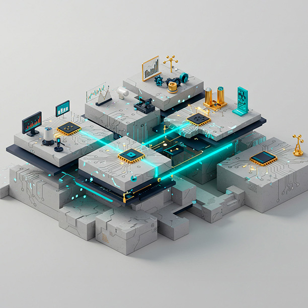 Abstract light mode visual of a multi-layered structure composed of simpler geometric forms with integrated circuit details, representing business systems. Small 3D models of gears, charts, and health icons are placed on top. Dark navy beams scan the structure, highlighting gold nodes representing cybersecurity risks. A teal and gold pathway indicates a de-risked outcome.