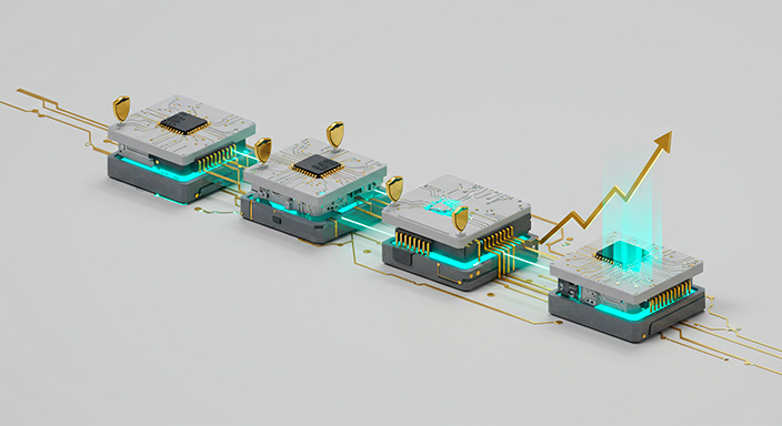 Abstract light mode illustration of a secure software development pipeline. Interconnected light grey blocks with integrated circuit details and 3D shield icons represent development stages. Teal energy fields protect against approaching threats. A gold arrow indicates successful secure development.